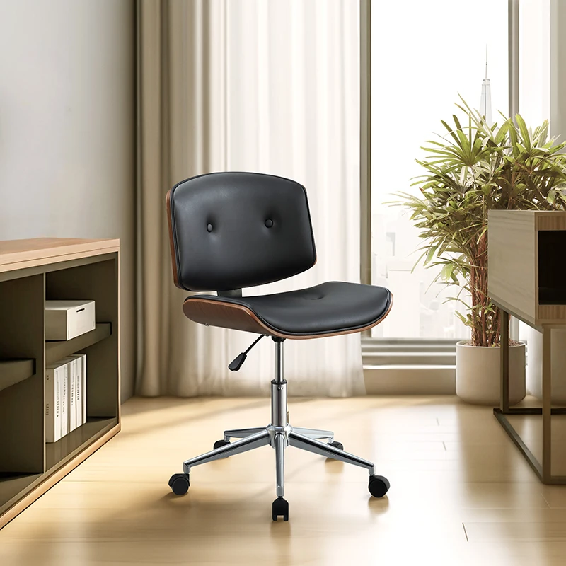 Black and Walnut Swivel Office Chair With Flip-Up Armrests And Wheels On-Site