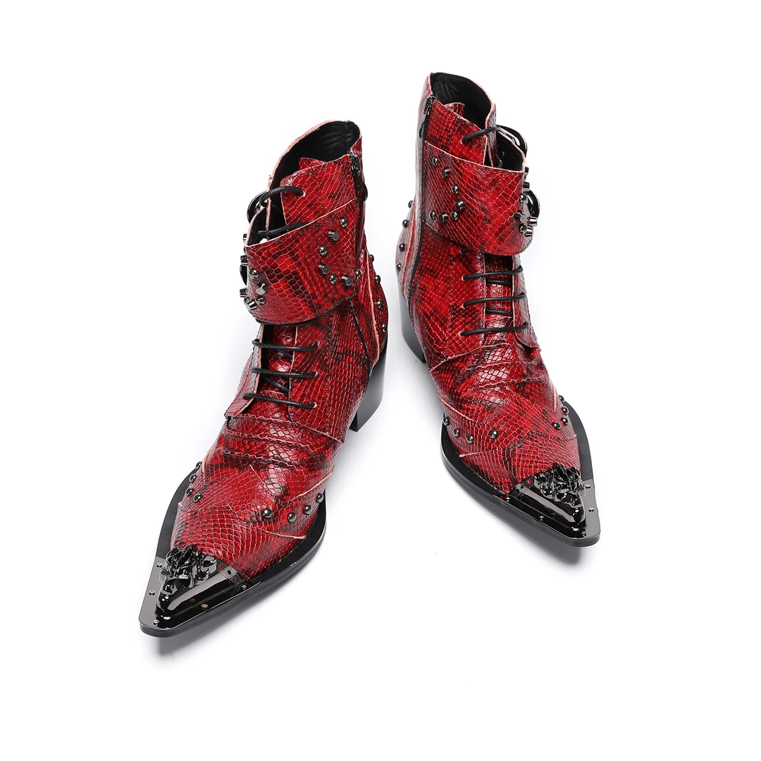 6.5cm High Heels Men's Boots Pointed toe Punk Red Leather Ankle Boots Man Straps Zip Pointed Iron Toe Party Footwear!