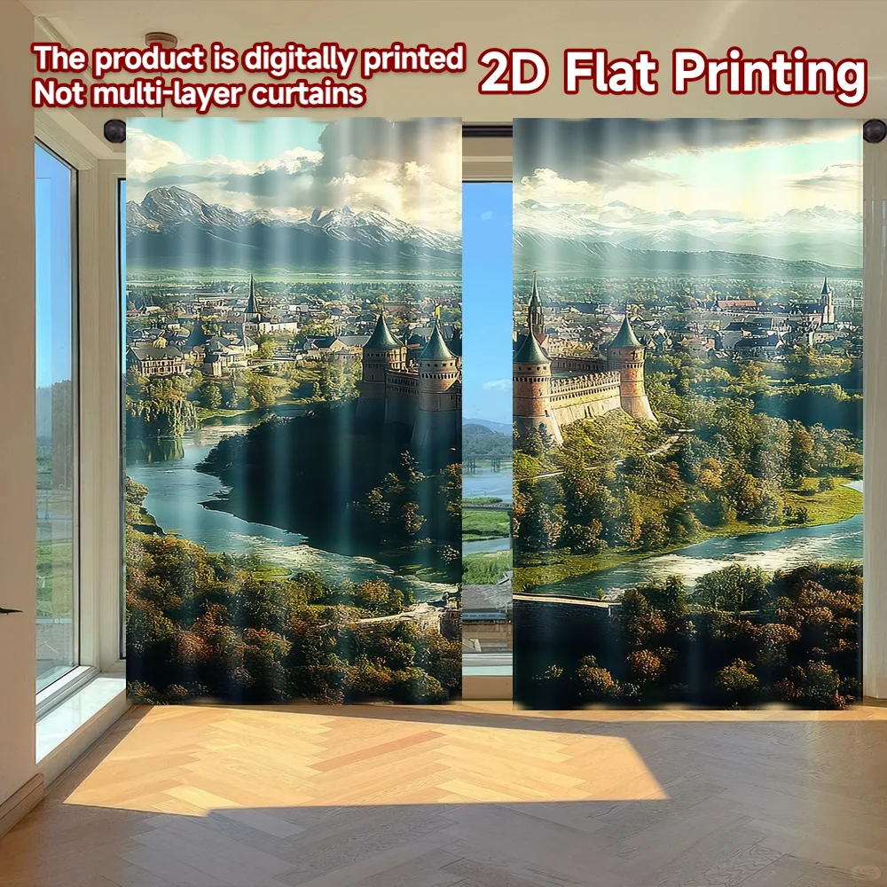 

2D flat printing 2pcs Window Treatment Curtains Enchanted Mountain Castle Digital Printed Polyester Drapes Festive Wall Decor