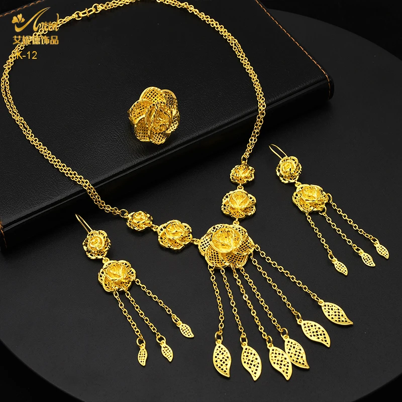 ANIID Luxury Dubai Gold Plated Jewelry Set For Women Flower With Tassel Big Nigerian Indian Bridal Necklaces Earrings Rings Sets