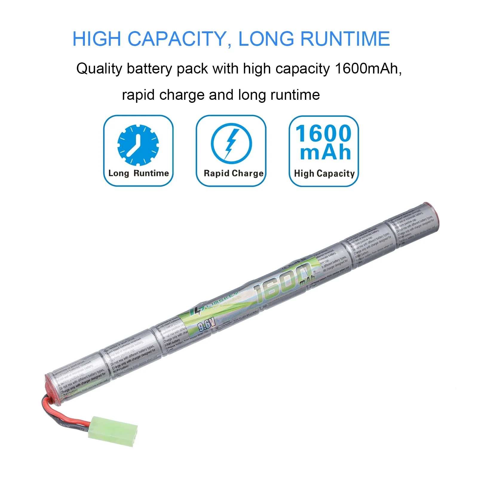 Limskey 2/3A 9.6v 1600mAh Stick NIMH Airsoft Guns Battery Pack with Mini Tamiya Connector for AK47, MP5K, RPK, PKM, G36C, MC51
