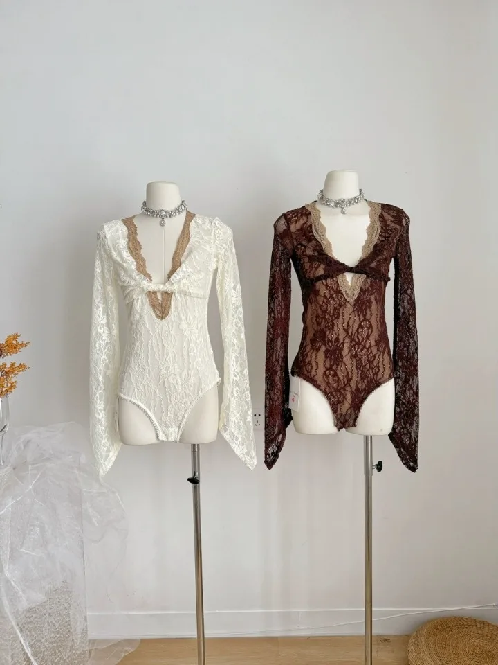 

Ele Long Sve Lace Bodysuit V-Ne Hollow out Design Sexy Sle Women's Cotton Underwear Spring 2026 Faion Trend
