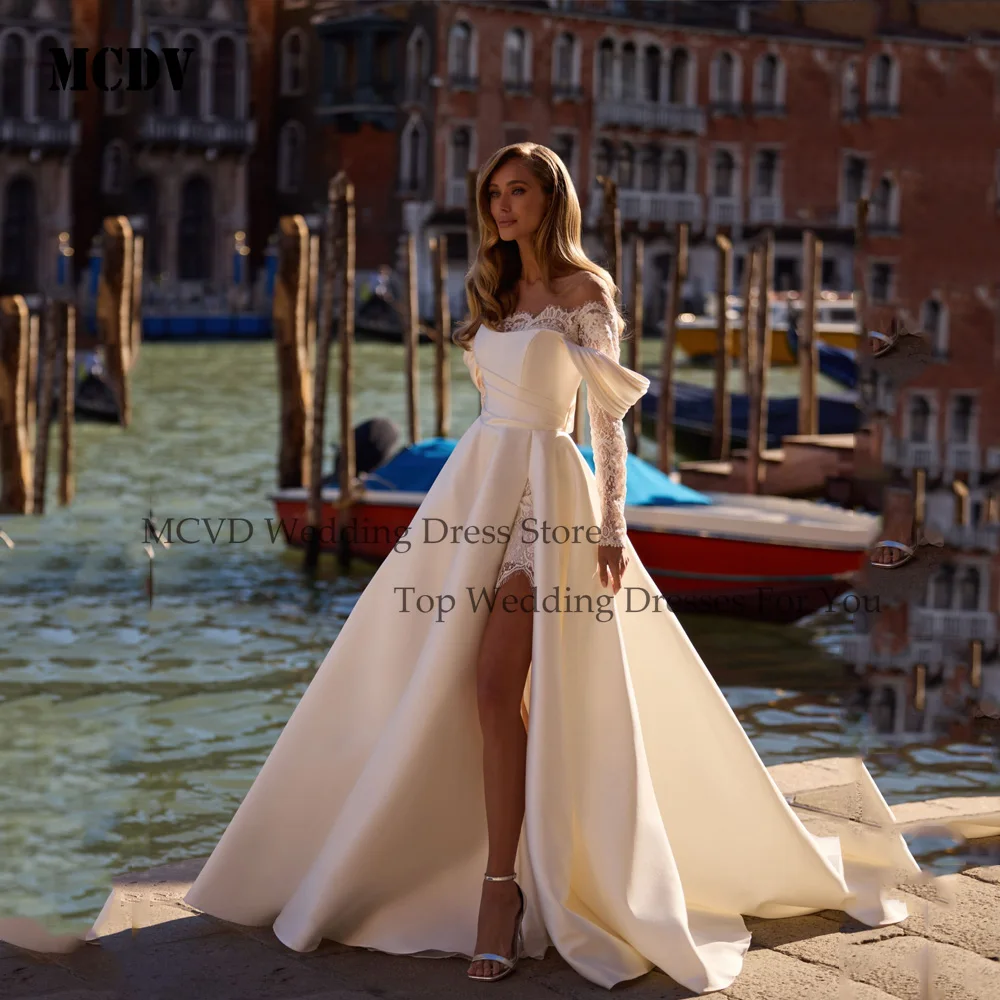 

MCDV Elegant Wedding Dresses Women Strapless Full Sleeve Side Split A-Line Luxury Bride Gowns Lace vestidos de novia Customized