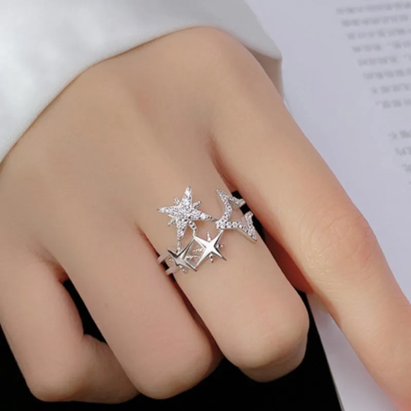 Silver Color Sparking Zircon Starlight Ring for Women Adjustable Beautiful Princess Party Jewelry Accessories Gifts