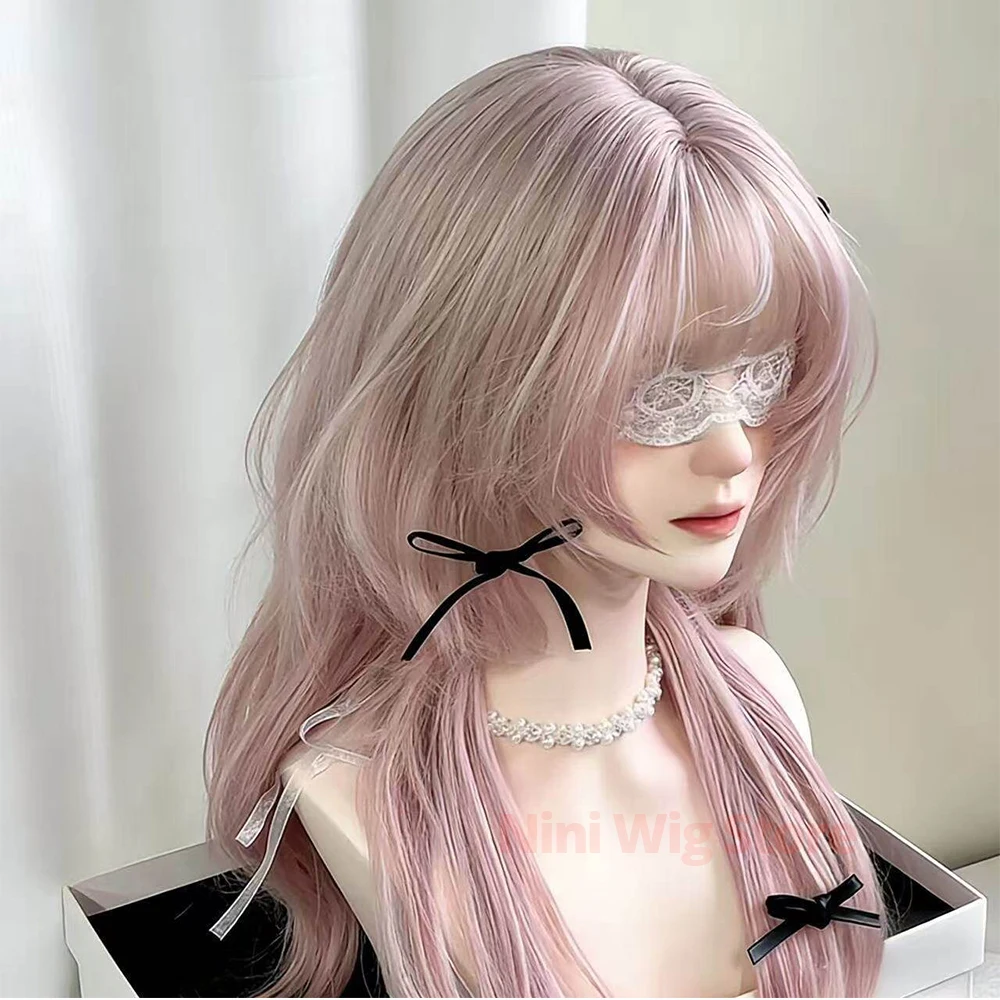 Pastel Light Pink Long Layered Wavy Synthetic Wig with Bangs for Women Lolita Cosplay Party Halloween Natural Heat Resistant