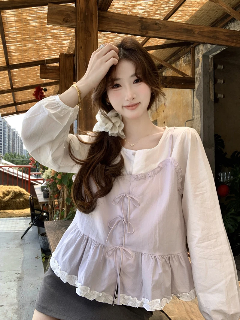 

Korean Style Sweet Splice Fake Two-Piece Long Sleeve Shirt Women Spring 2026 New Loose Slimming Knot Top Trendy