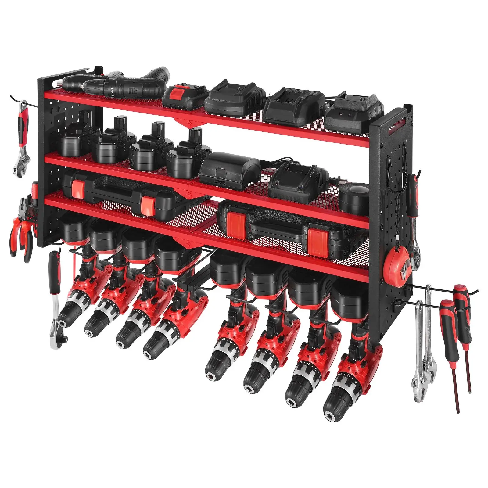 Power Tool Organizer Wall Mount, 4-Layer Storage Rack with 8 Drill Holders, Tools Holder and Storage Rack with Side Pegboards, G