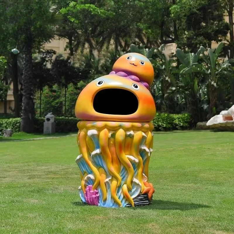 Outdoor Ocean Theme Amusement Park Decorative Fiberglass Cartoon Octopus Crab Dolphin Trash Can Funny Animal Trash Can