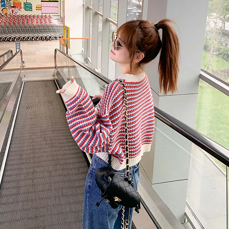 Knitted Sweater Women Pullovers New Long Sleeve O-Neck Striped Knit Sweater Pullover Women Tops Sweaters Sueters De Mujer Q1247