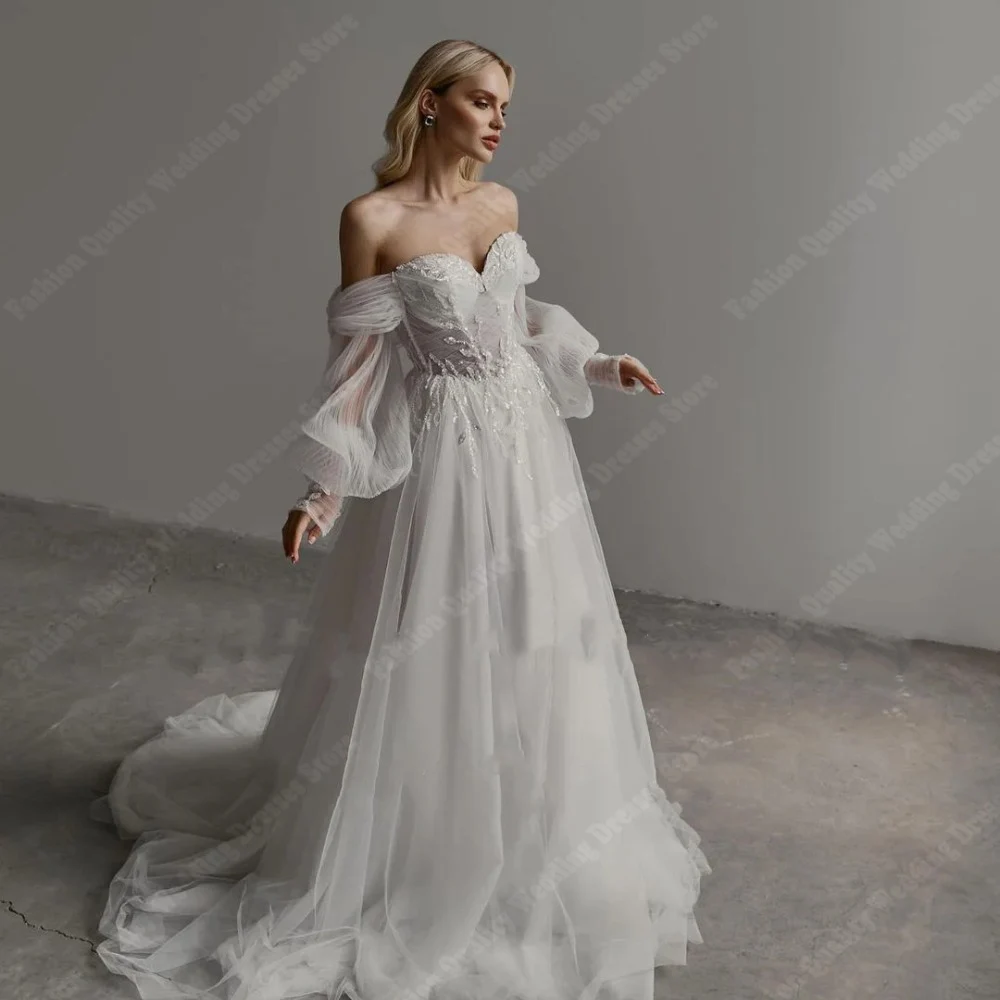 

A-Line Lady Wedding Dress V-Neck Lace Appliqued Off Shoulder Bishop Sleeves Bridal Gown Ruffles Mopping Length Customize Robes