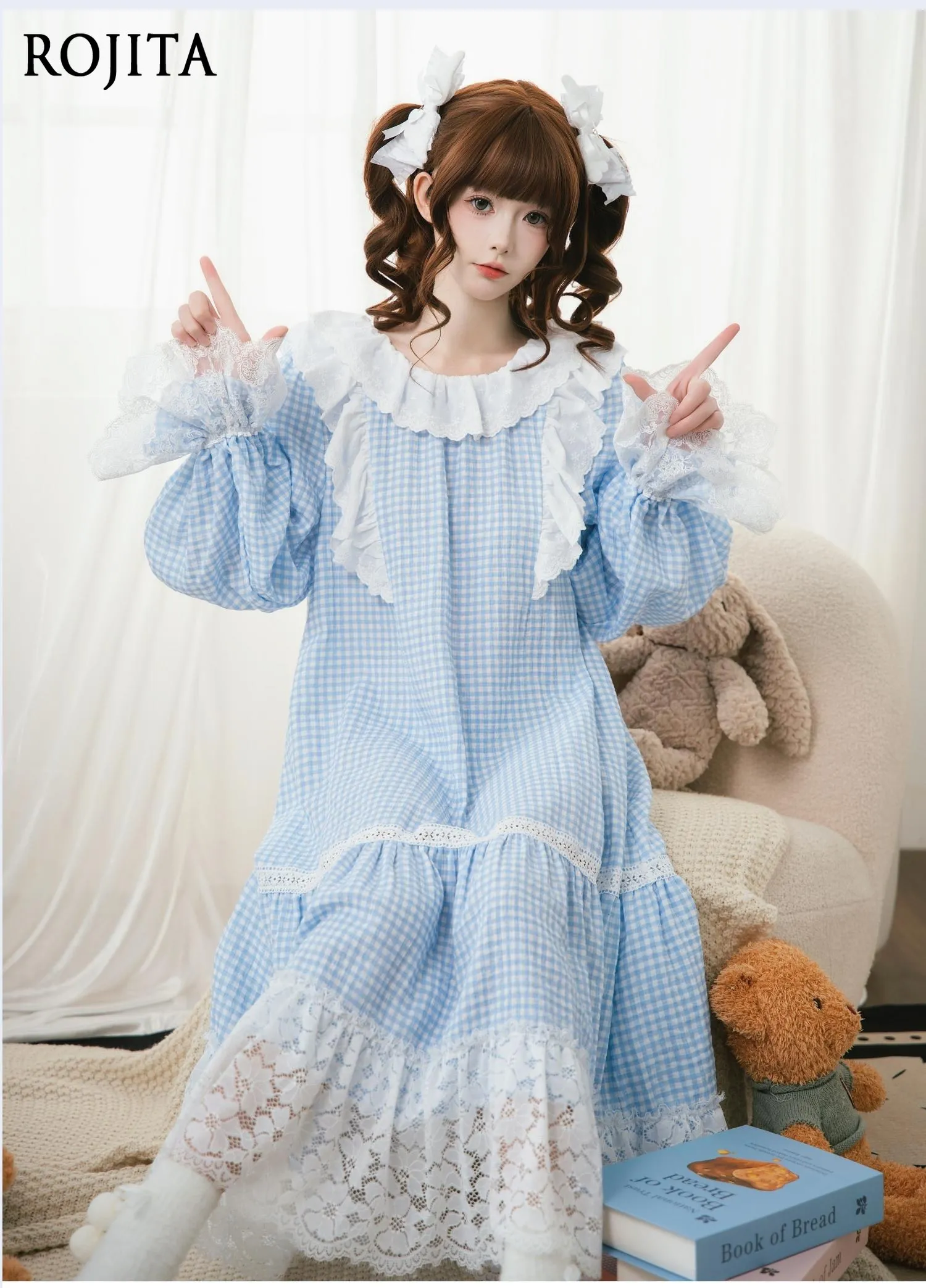 

Plaid Nightdress Women's Four Seasons Long Sleeves Sweet Lace Lace Princess Style Can Be Worn Outside for Loungewear