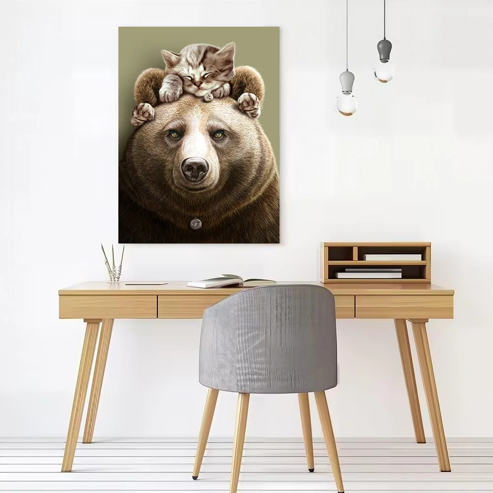 CAT ON BEAR Poster Customizable Printed Canvas Painting for Pictures Wall Art Living Room Decoration Decorative Picture Frames