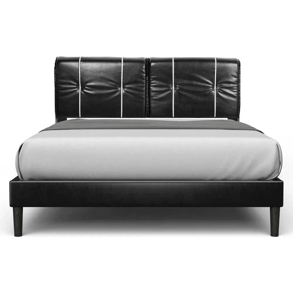 

Queen Size Bed Frame Upholstered Low Profile Modern Platform Bed with Faux Leather Headboard/No Box Spring Needed