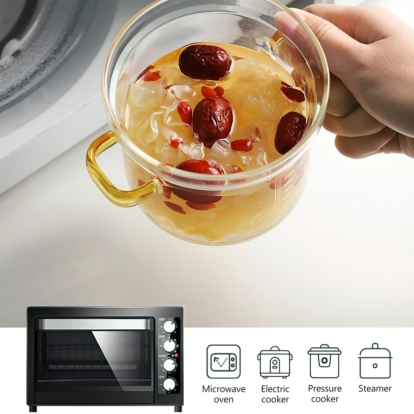 

450Ml Heat Resistant Glass Steaming Bowl with Lid for Soup Stew Food Smooth Surface Easy Clean Kitchen Tableware