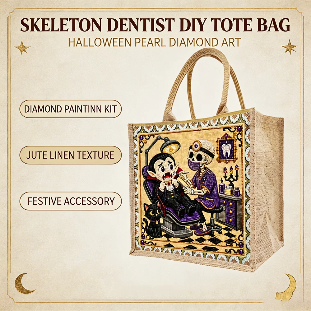Halloween DIY Diamond Painting Jute Shopping Bag Pearl Bead Skeleton Dentist Large Capacity Burlap Grocery Tote Storage Handbag