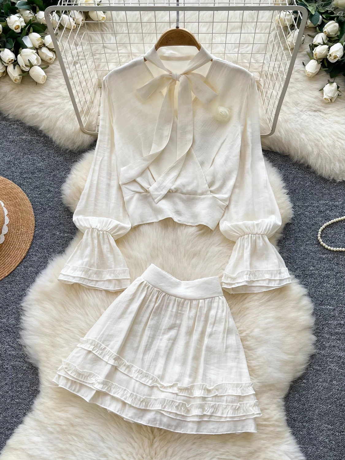 Romantic White Bell Sleeve  Knot Top Short Skirt Two Piece Set Women's Autumn Lace Trim Ensemble Casual Workwear