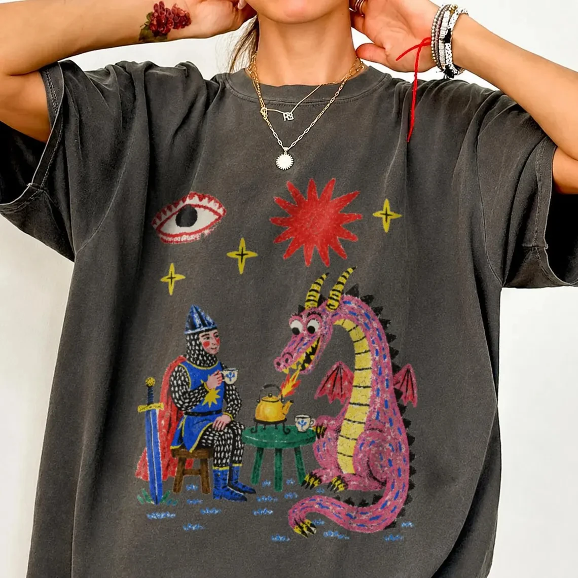 Knight and Dragon Tea Party Graphic T-Shirt Fantasy Art Weird Folk Art Eye Sun Print Shirt Vintage Men Women and Kids T-shirt