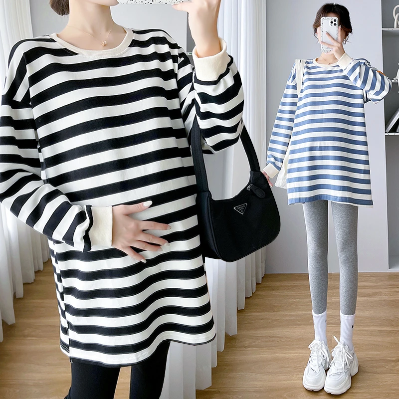 Spring Autumn Fashion Striped Cotton Maternity Hoodies Korean Chic Ins Loose Sweatshirt Shirt for Pregnant Women Pregnancy Tops