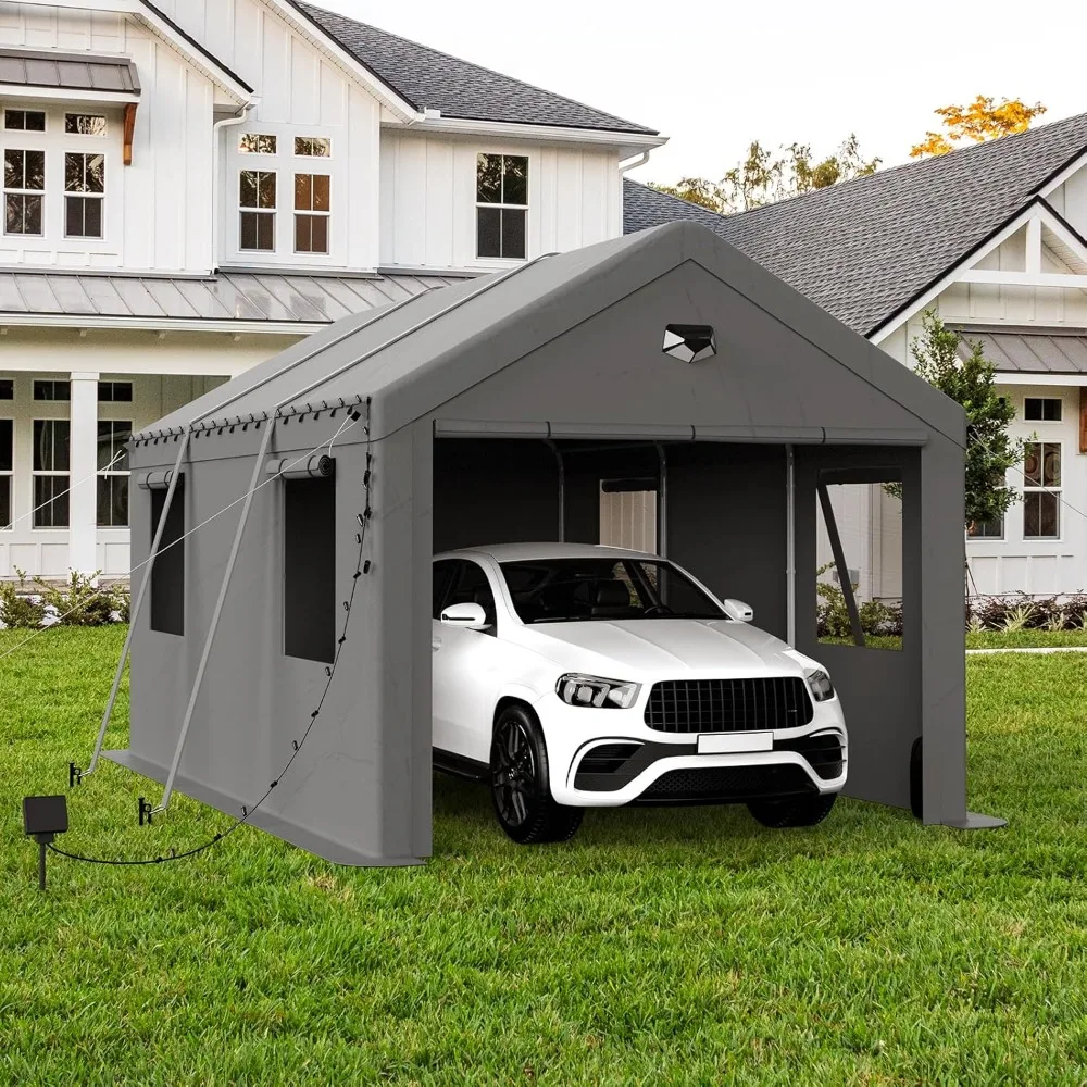 

10x16 Ft Carport, Heavy-duty Carport Garage with Removable Side Walls and A Drive-through Roller Shutter Zipper Door