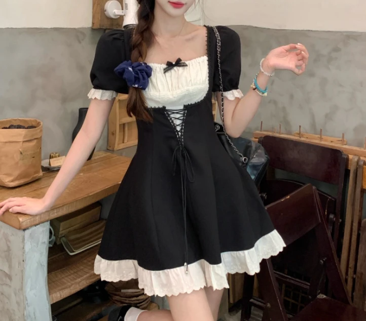 فستان نسائي صيفي كبير الحجم برقبة مربعة فرنسية مزين بالدانتيل فستان أسود عالي الخصر على شكل حرف a متعدد الاستخدامات لتخفيض العمر فساتين جامعية #6