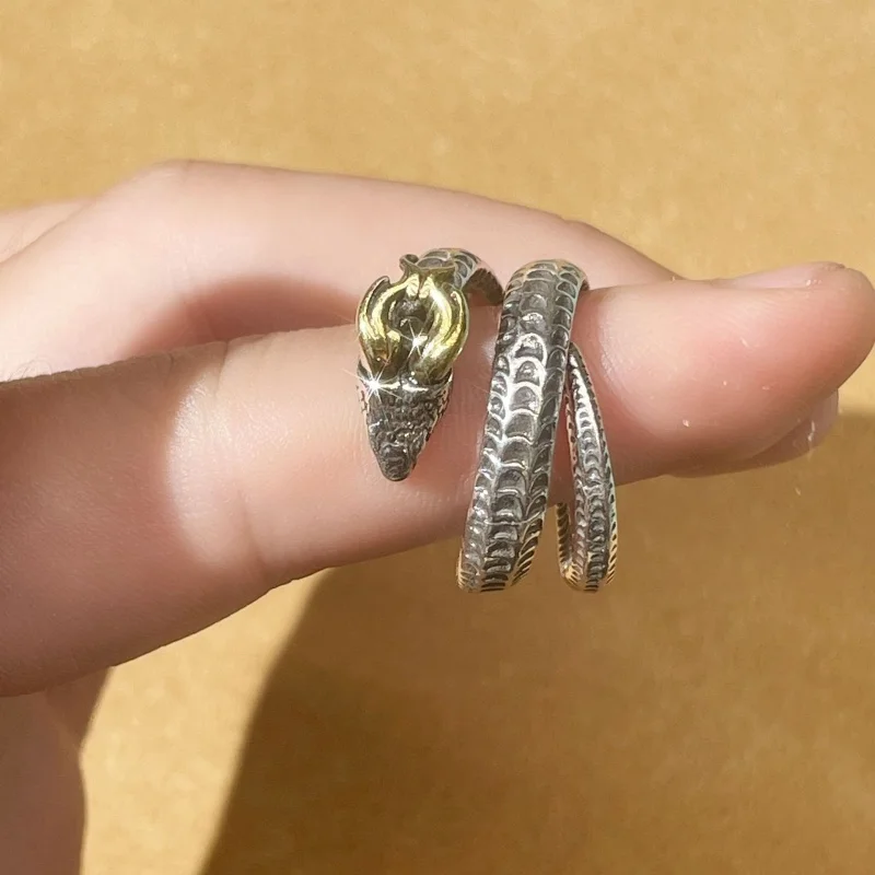 Buyee 925 Sterling Silver Male Unique Ring Finger Horned snake Animal Open Ring for Men Fashion Punk Fine Jewelry Circle Gift - Image 2