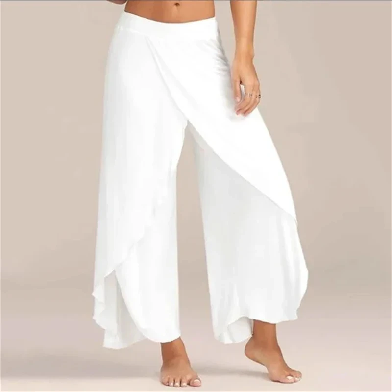 Summer Women Slit Flared Palazzo Trousers Wide Leg Pants Chiffon Side Split Casual Loose Pants Elegant Lady Harem Yoga Pants 5XL