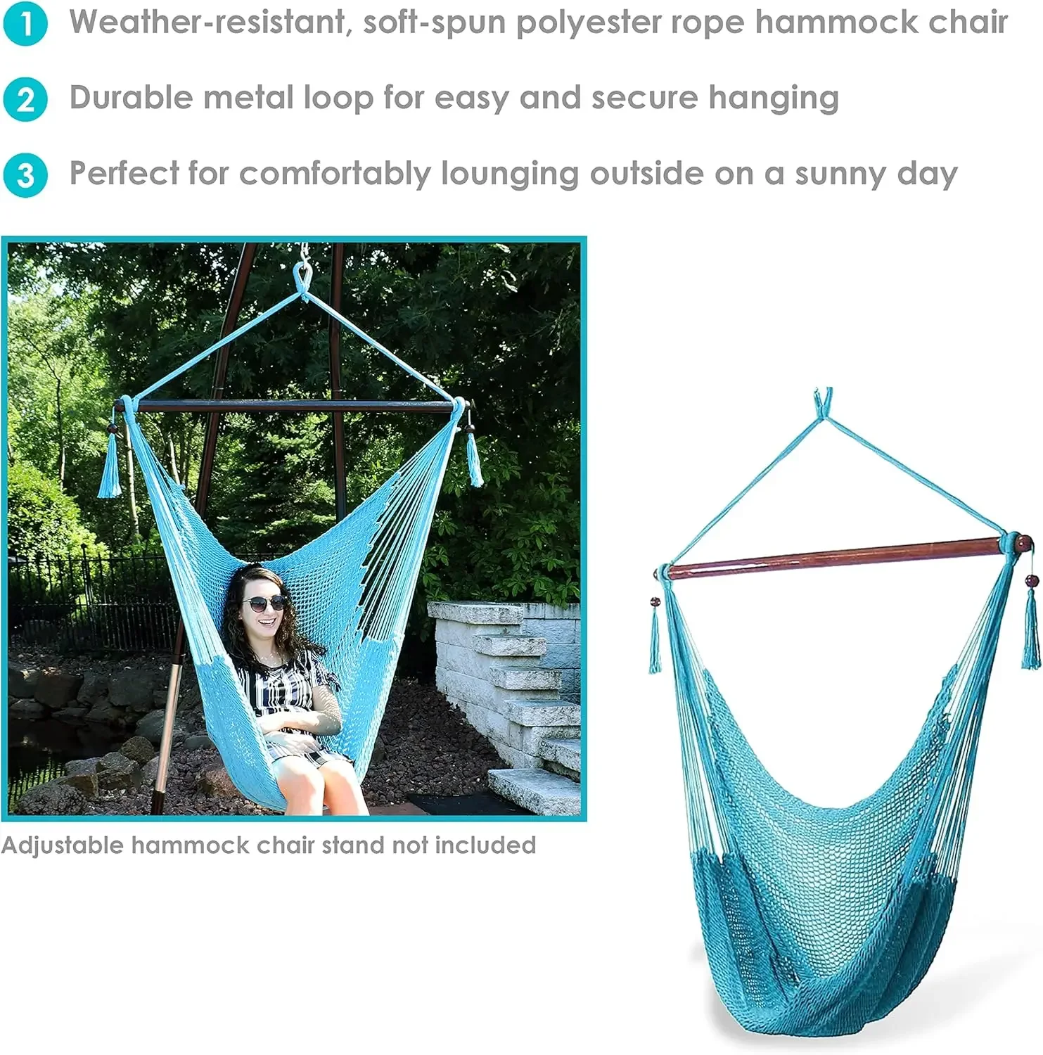 Outdoor Caribbean XL Hanging Hammock Chair Swing - Soft-Spun Polyester Rope - 300-Pound Capacity - Sky Blue