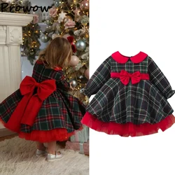 Prowow Girl's Christmas Dresses For Kids 2025 Plaid Bg Bow Dress Party New Year Costume Baby Children Evening Gown Girl Dress