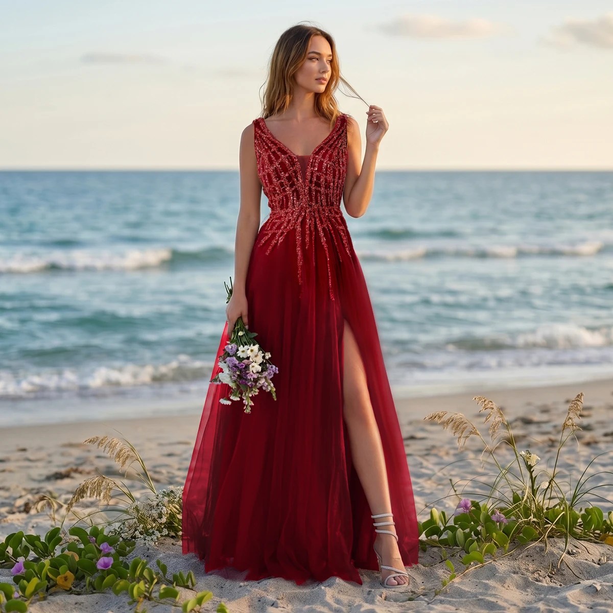 

VIPGIRL Women's Burgundy V-neck Prom Dress Beaded Tulle High Slit Lace up A-line Evening Gown