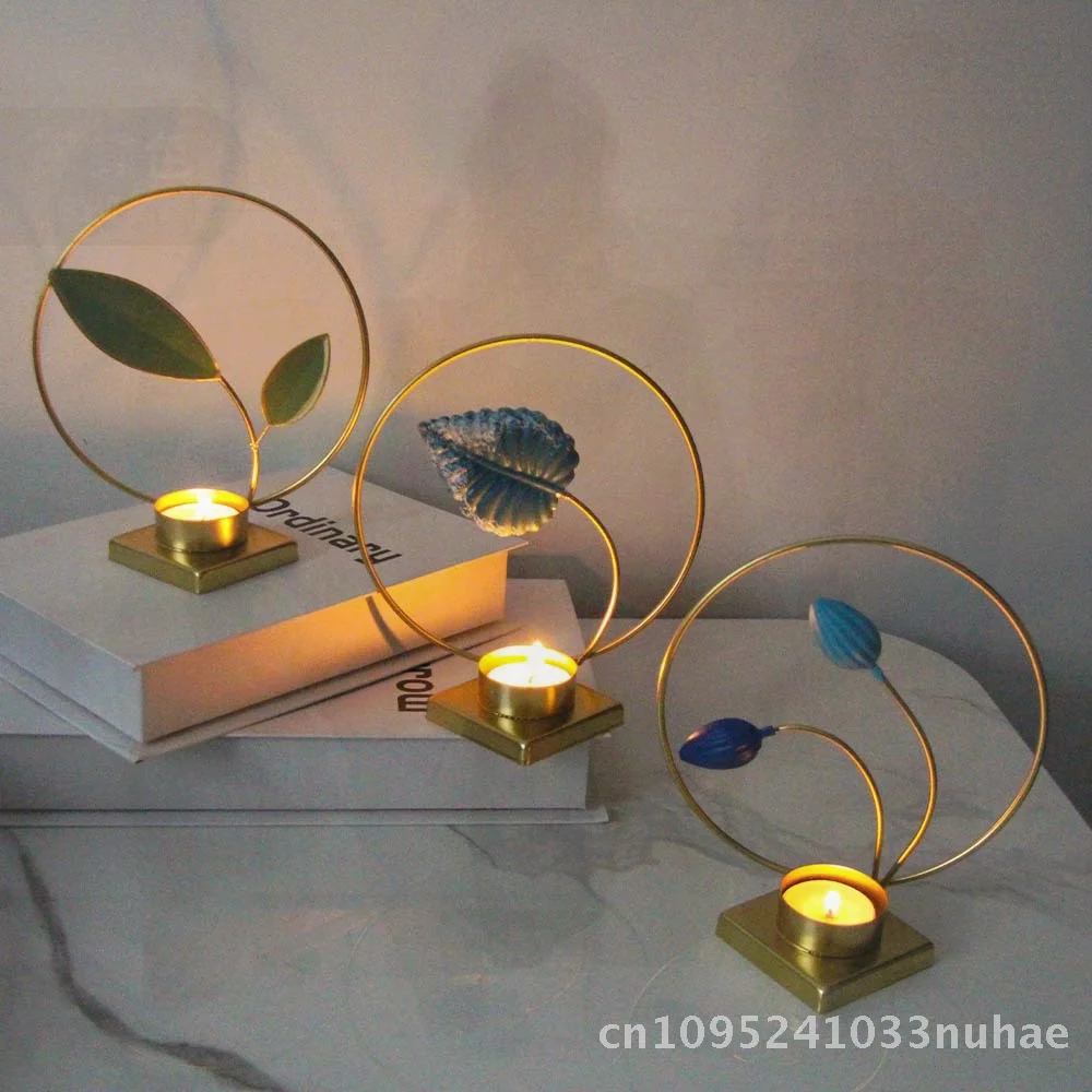 

Iron round Plant Shape Candle Holder Creative Metal Aromatherapy Home Decorative Hair Atmosphere Green Blue Double Single Leaves