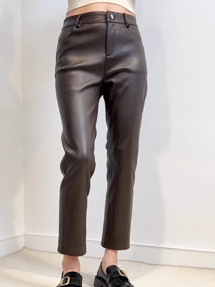 New Women Genuine Leather Pants High Waist Elastic Slim Fit Straight Trousers High Quality Real Sheepskin Ankle Length Pants