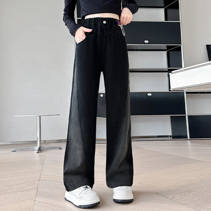 

Teenager Girls Jean Autumn Korean Junior Girls Contrast Color Loose Straight Leg Pant Children Girl Mid Elastic Waist Denim Pant