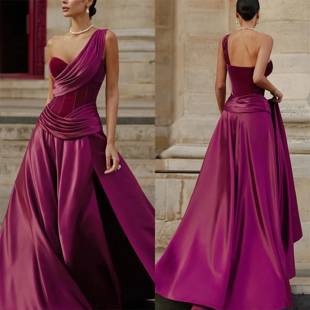 Elegant One Shoulder A Line Evening Prom Dresses with Side Split Pleat Backless Formal Wedding Party Gown Arabia سهرة