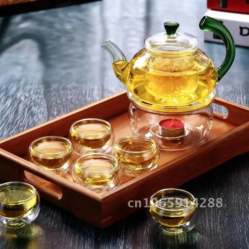 Heat Resistant Clear Glass Tea Pot with Infuser 300ml 600ml Color Flower Warped Infuser Pot Puer Handle Teapot Glass Tea Tea Set