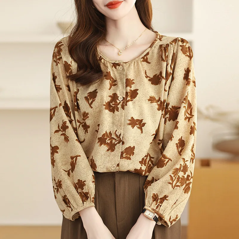 

Fashion Elegant Round Neck Lantern Sleeve Blouse Shirt Casual Loose Long Sleeve Top for Women Clothing