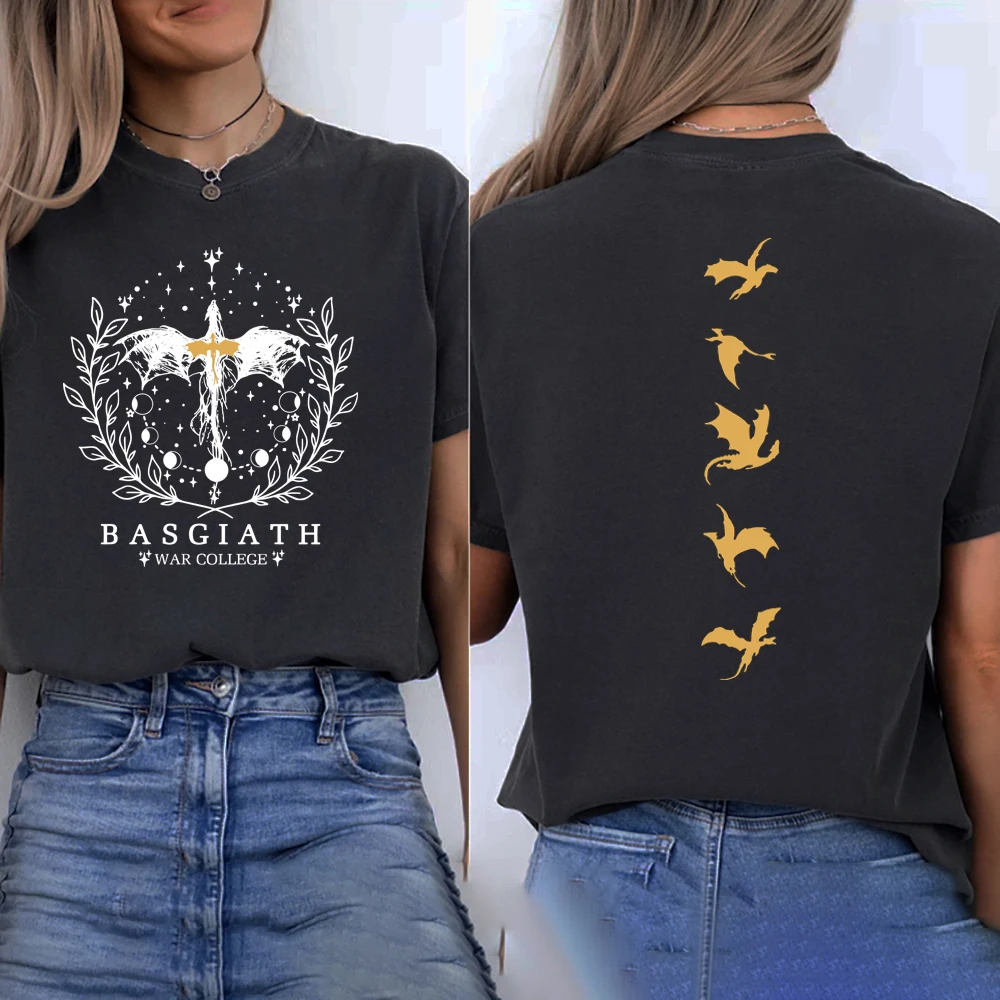 Vintage Basgiath War College Double Sided Shirt Fourth Wing T-Shirts Unisex Short Sleeve Graphic T Shirts Dragon Bookish Gift