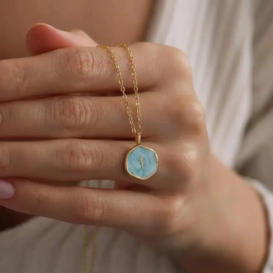 

Gold-Tone Pendant Necklace with Turquoise Enamel Cross Charm, Delicate Chain for Everyday Wear
