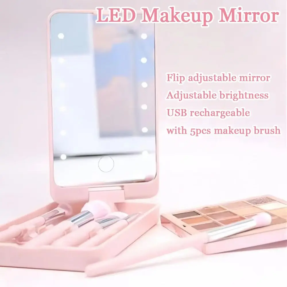 Rotatable Mirror Travel Makeup Brush with Light USB Rechargeable Adjustable Brightness Mini Cosmetic Brushes Pocket Mirror
