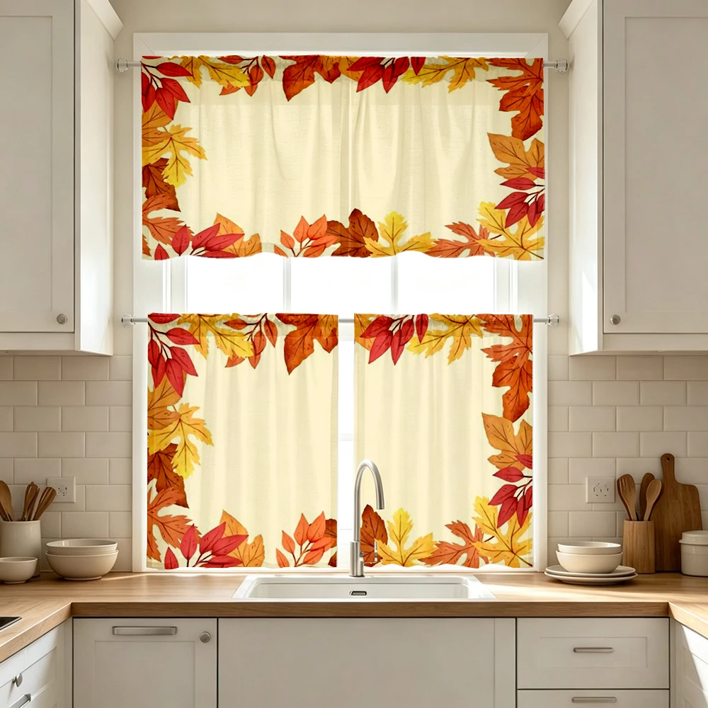 Fall Kitchen Curtains, Maple Leaf Corner Border Fall, Digital Print, Kitchen Dining Room, Rod Pocket Polyester, Home Decor