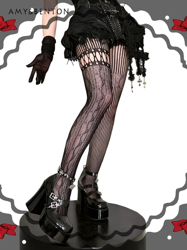 

Lolita Retro Lace Stitching Hollow Out Fishnet Stockings Sweet Cool Girl Asymmetric Fishnets Pantyhose Sexy Thigh High Stockings