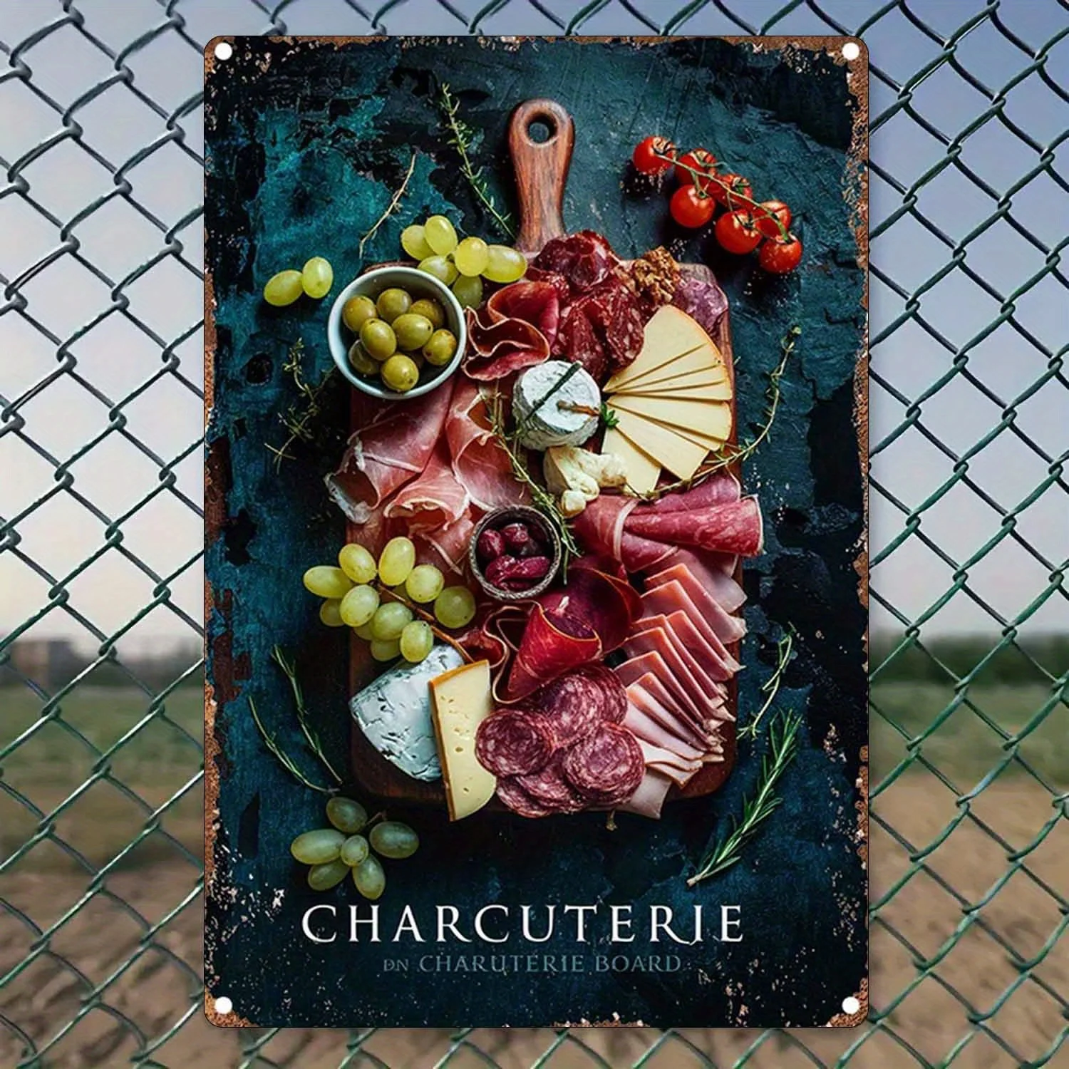 2D Flat, 1pc, 2D Flat - Vintage Charcuterie Board Metal Sign - Rustic French Deli Theme with Cheese, Meats, Grapes & Herbs, 20.3