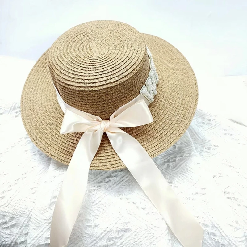 Pearls Letter Wide Brim Sun Summerbeach Bonnet Bride Photoshooting Headdress