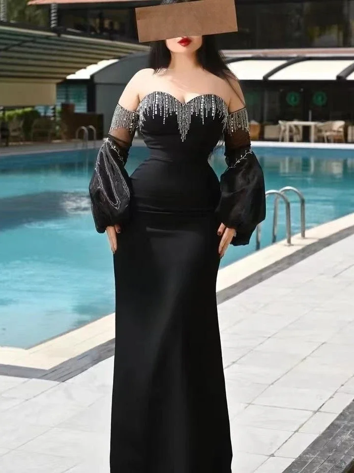 Elegante vestido de graduación de Arabia para mujer, vestido de noche con hombros descubiertos, cuentas abullonadas, manga larga, sirena, nuevo diseño Formal, 2023