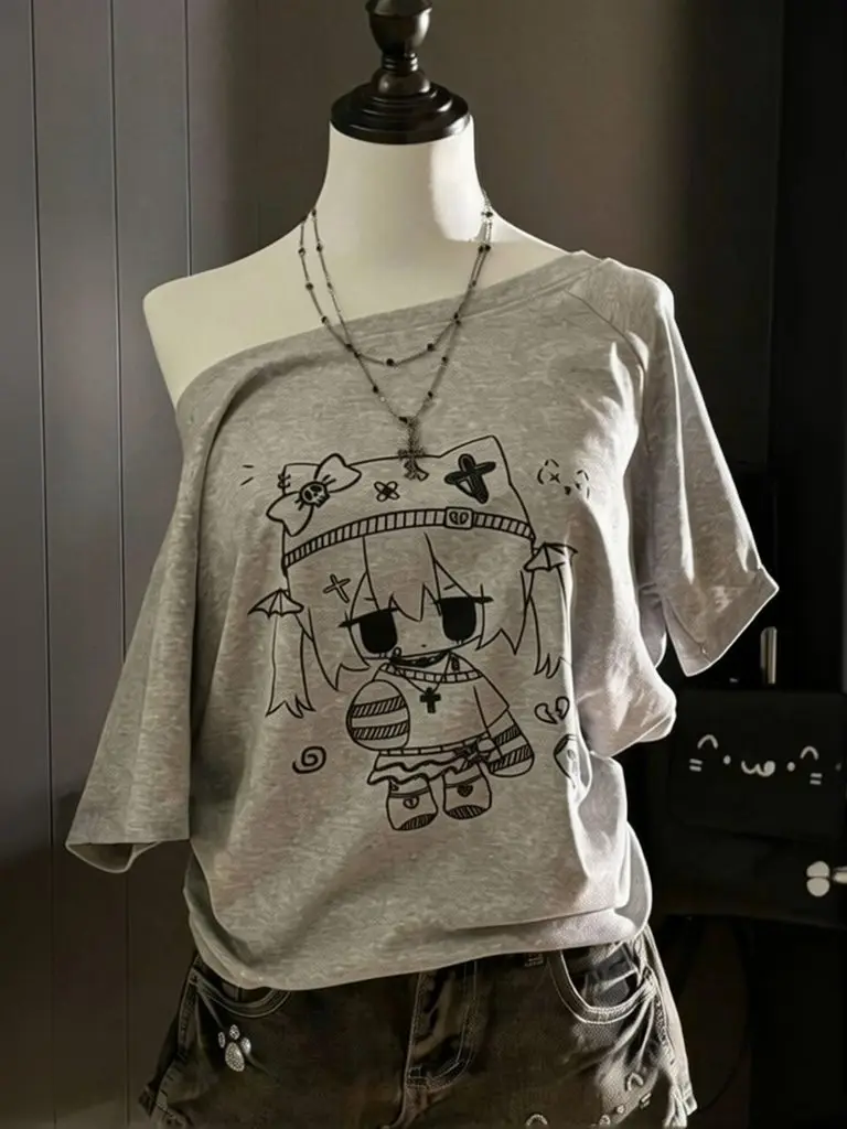 Übergroßes T-Shirt Harajuku Mode Grafik-T-Shirt Kurzarm Off-Shoulder Crop Top Damen Anime-Print Baumwolle Lässige Streetwear