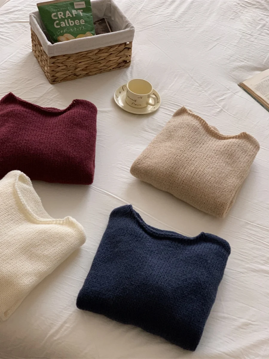 Laid-ba Cuffed Collar Lantern Sve Basic Knitwear Sweater Easy-to-wear Faionable round Ne Long Sve Regular Thin