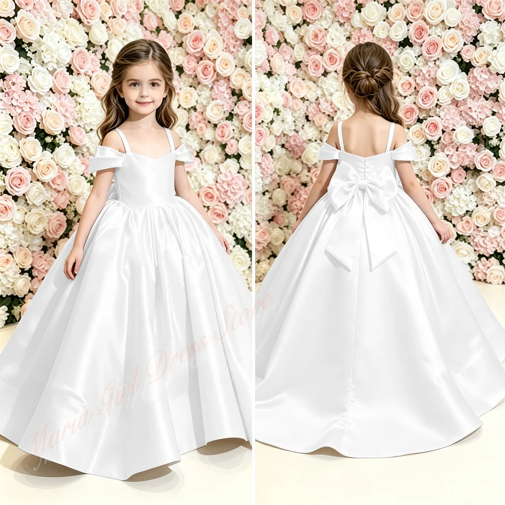 Lovely Satin Wedding White Flower Girl Dress Bow Off-shoulder Trailing Party Birthday Beauty Pageant Little Baby Gown