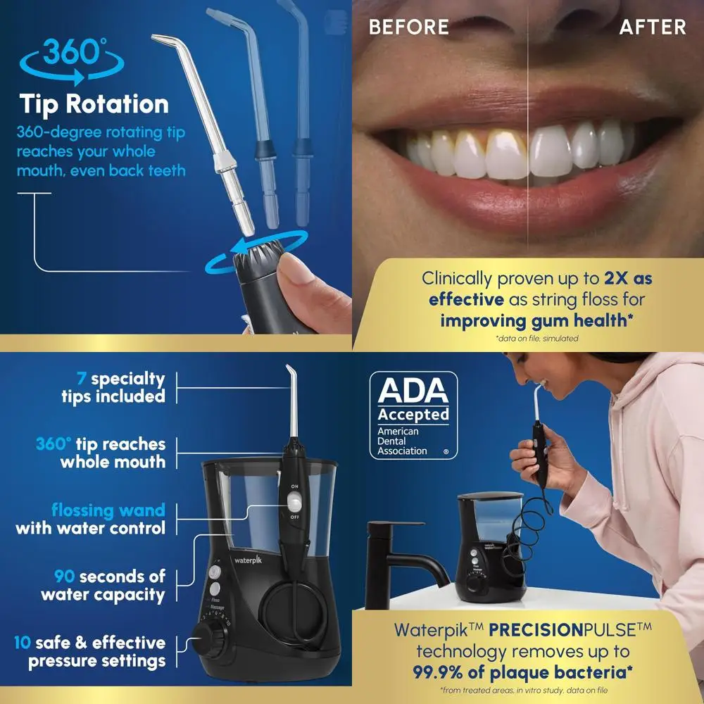 

Электрический ирригатор для гигиены полости рта, ухода за деснами, брекетами, 10 режимов, 7 насадок, одобрен ADA, черный