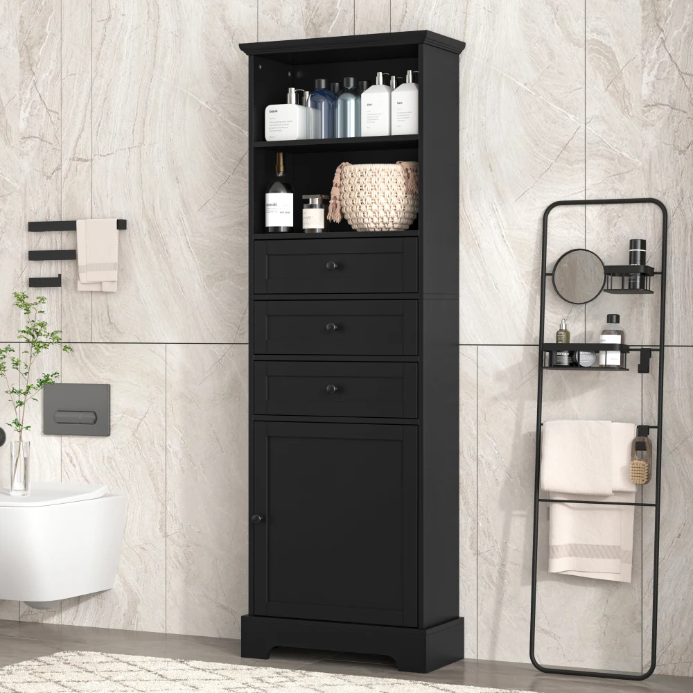 Black Tall Storage Cabinet with 3 Drawers and Adjustable Shelves for Bathroom, Study, Office and Interior