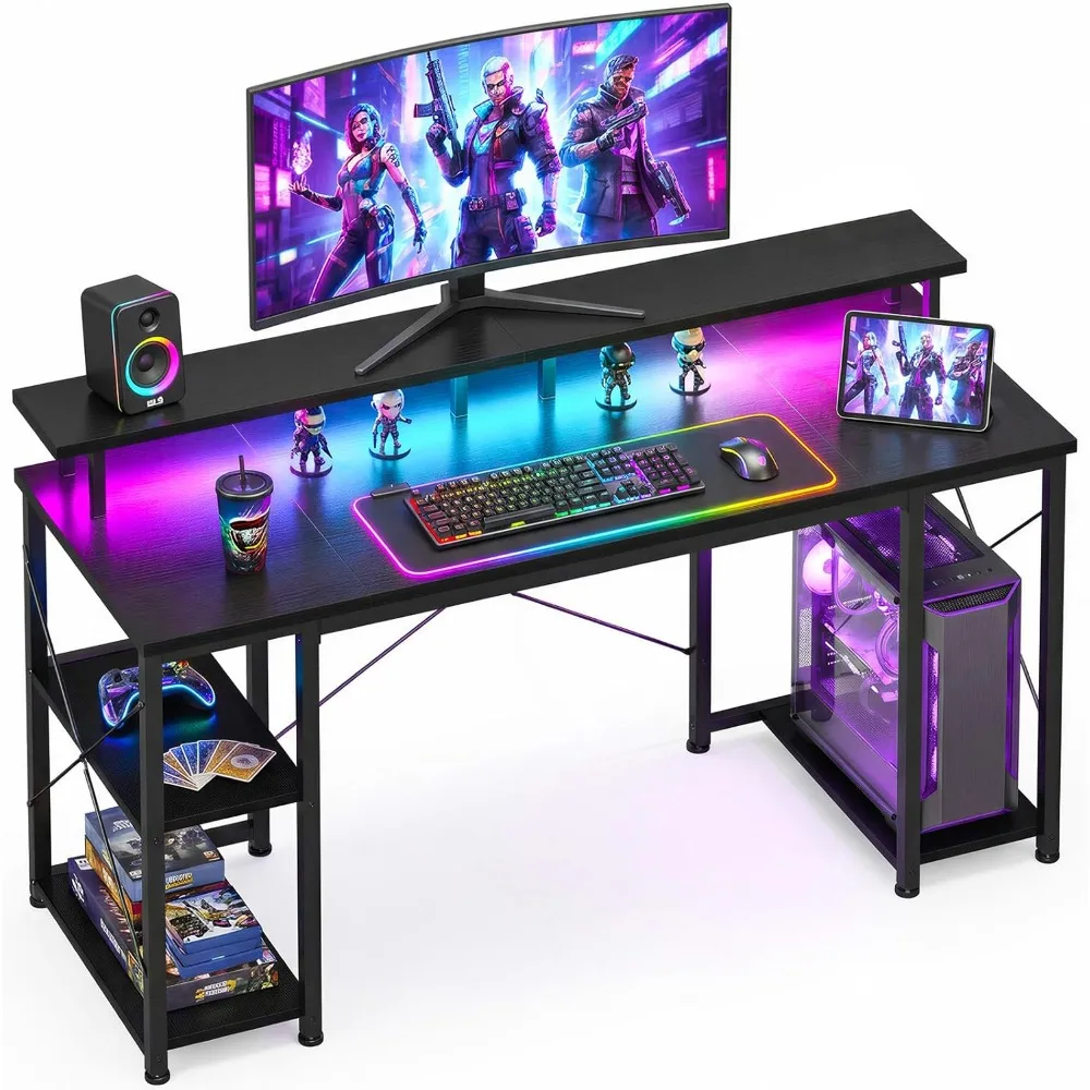 

48 inch Gaming Desk with LED Lights, Computer Desk with Monitor Stand & Storage Shelves, CPU Stand, Home Office Desk,Customized