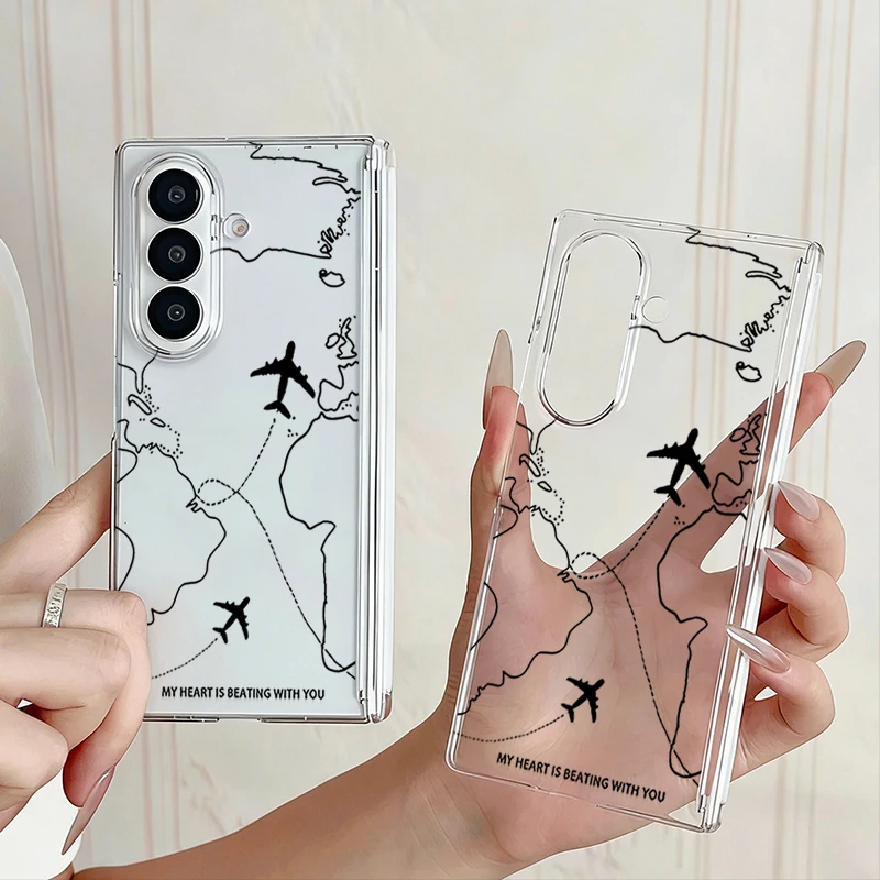 Magnetic Adsorption Phone Case For Samsung Galaxy Z Fold 7 6 5 Fold7 Fold6 Fold5 5G Airplane Pattern Hard PC Clear Back Cover
